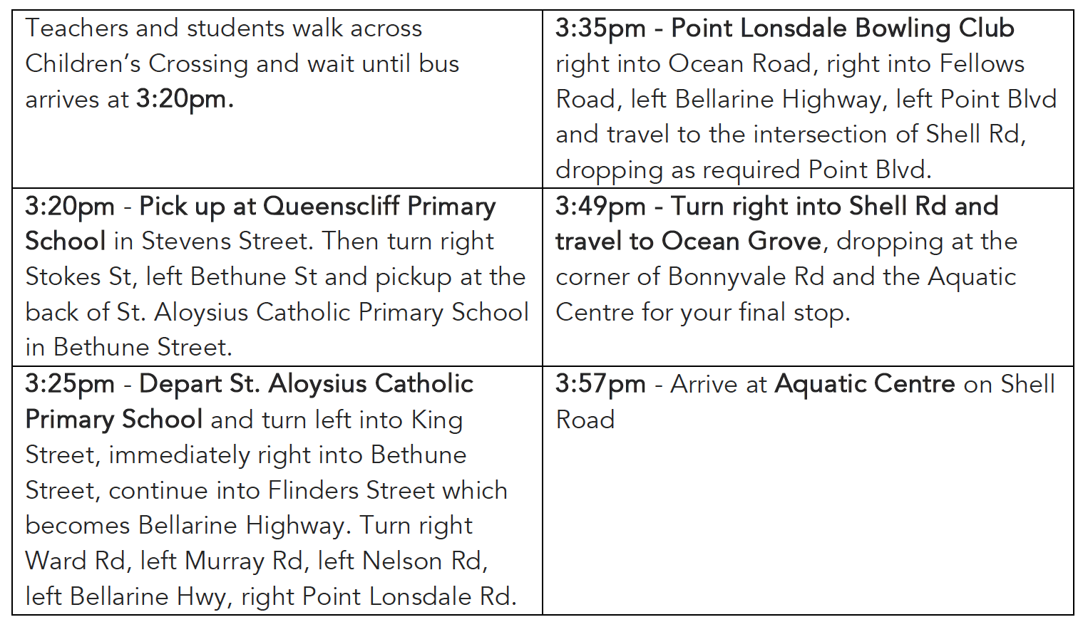 Afternoon Bus Route